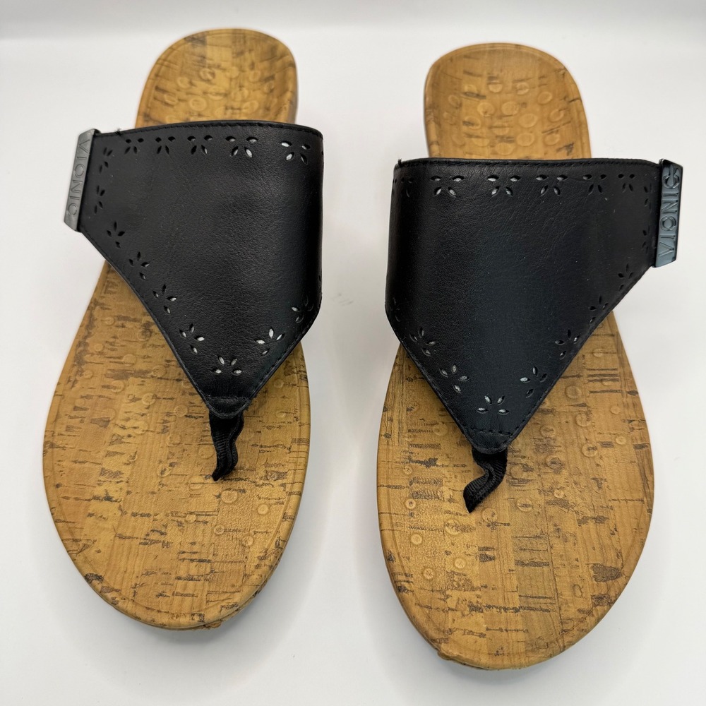 Vionic Anitra Wedge Sandals Womens 9 Black Leather Cork Thong Slides Good VW5502